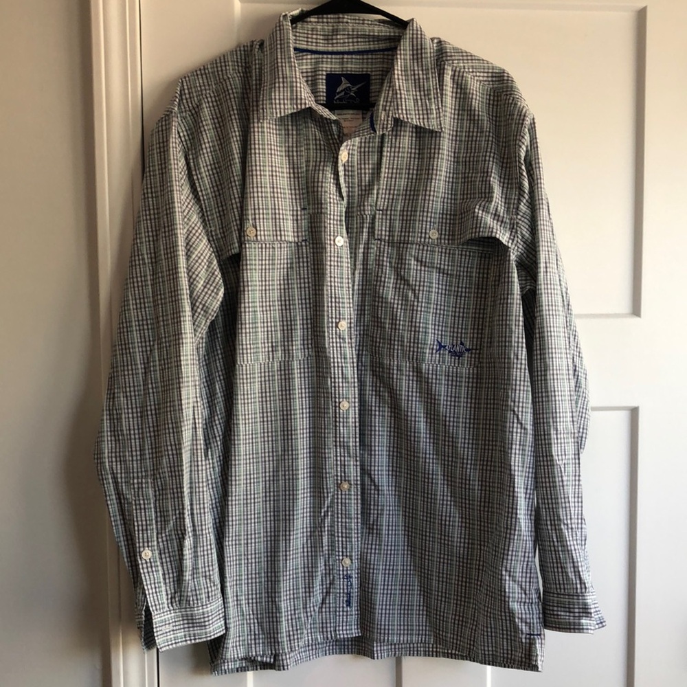 Men's Blue, Gray, and White Plaid Shirt